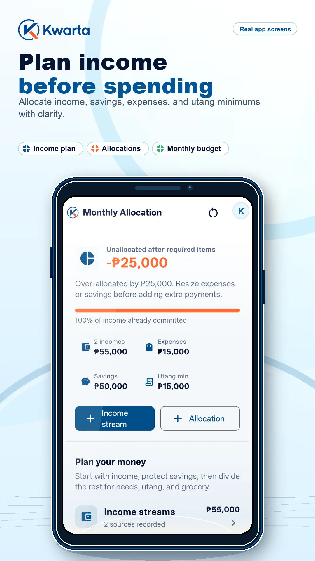 Kwarta monthly allocation screen for planning income before spending.