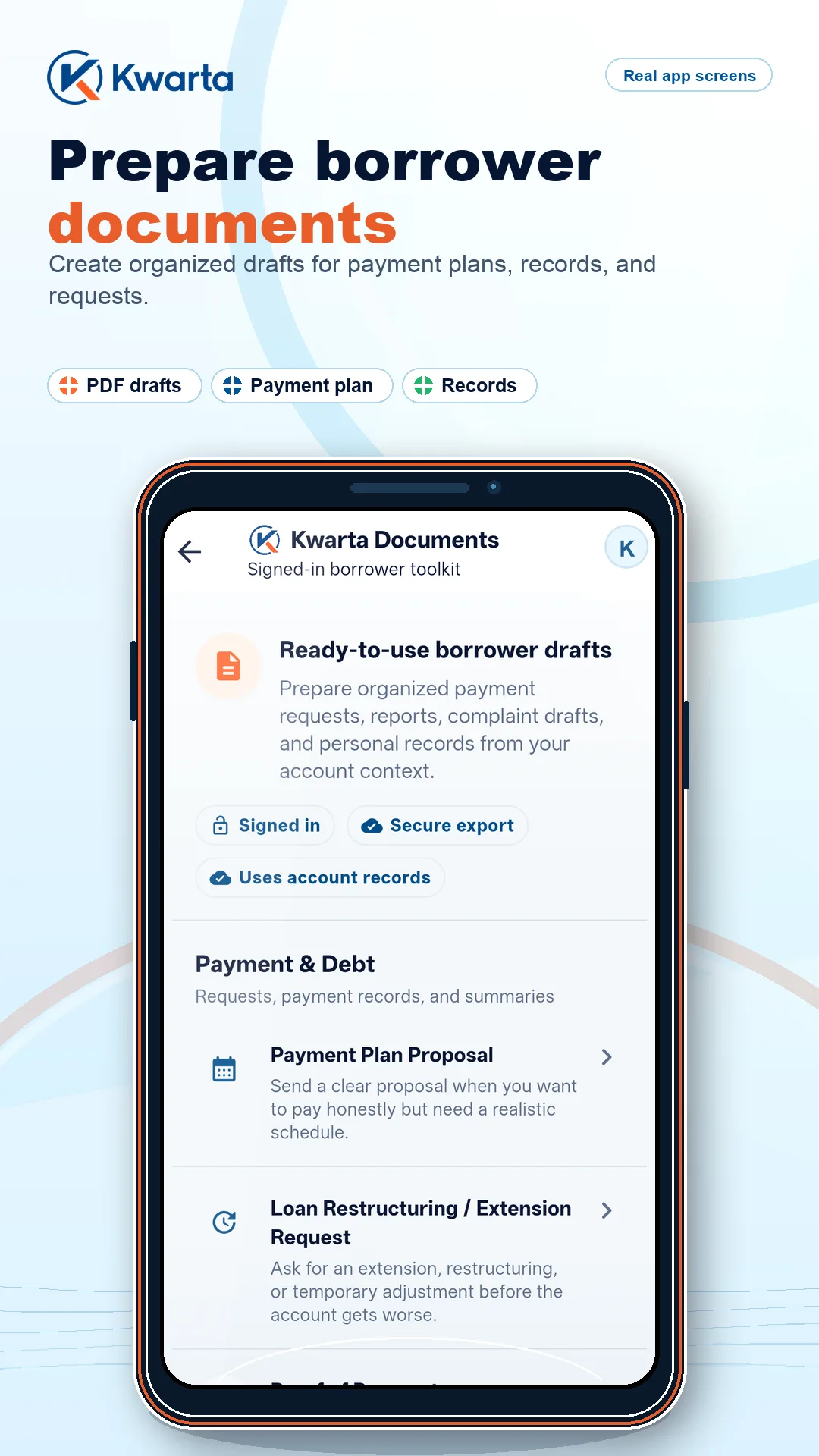 Kwarta documents screen for borrower drafts and payment requests.