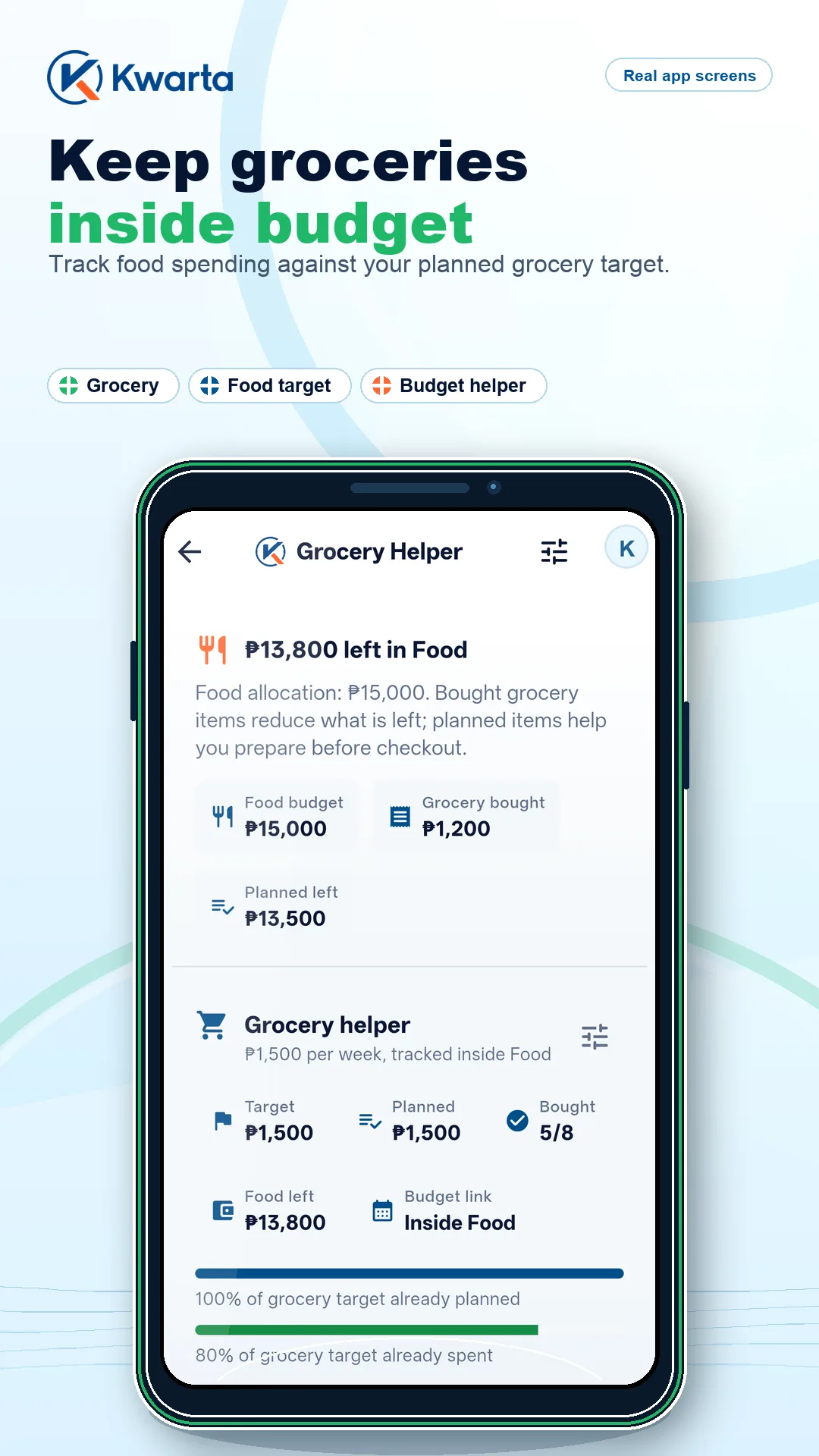 Kwarta grocery helper screen for keeping food spending inside budget.