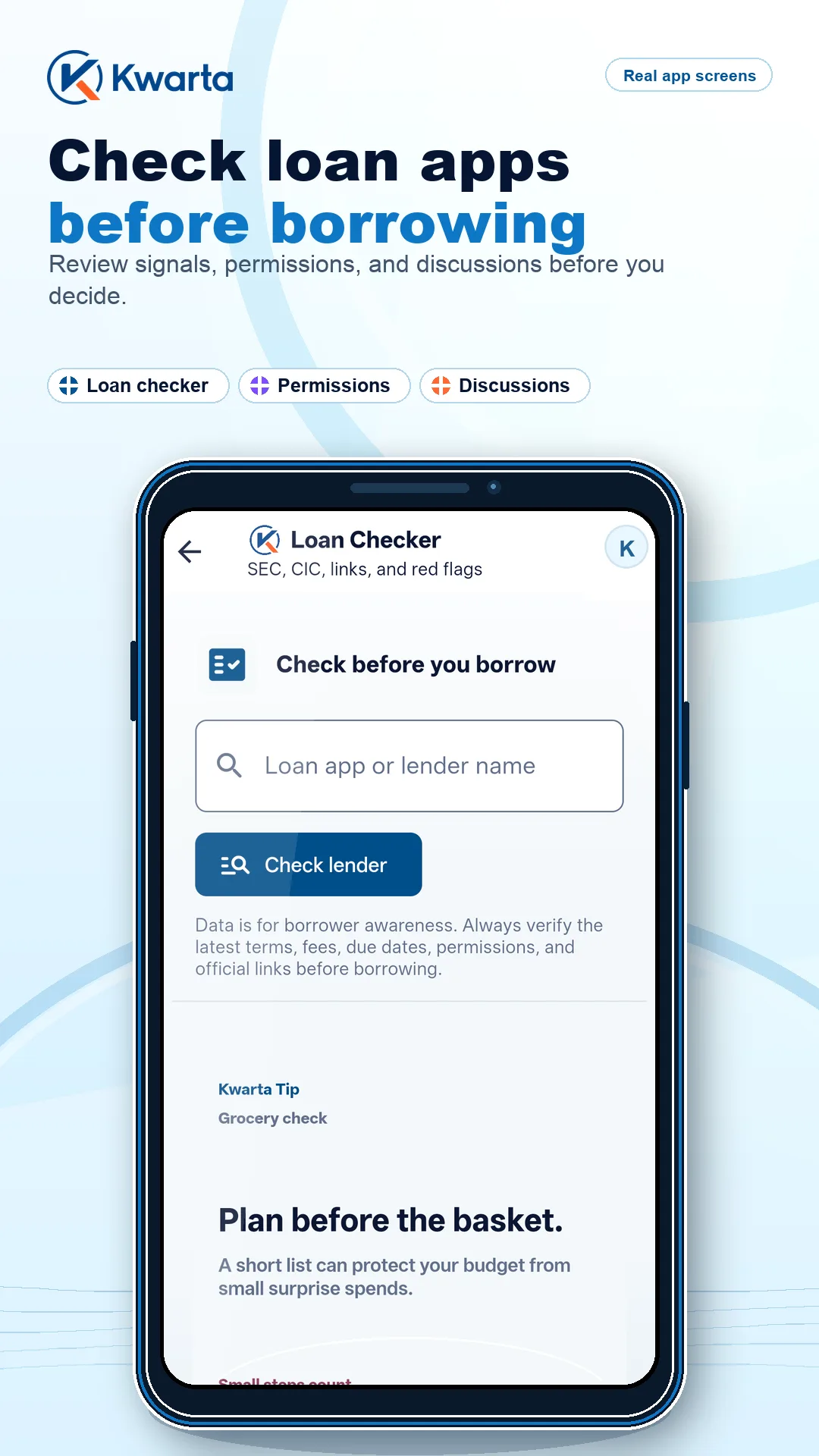 Kwarta loan checker screen for reviewing lenders before borrowing.