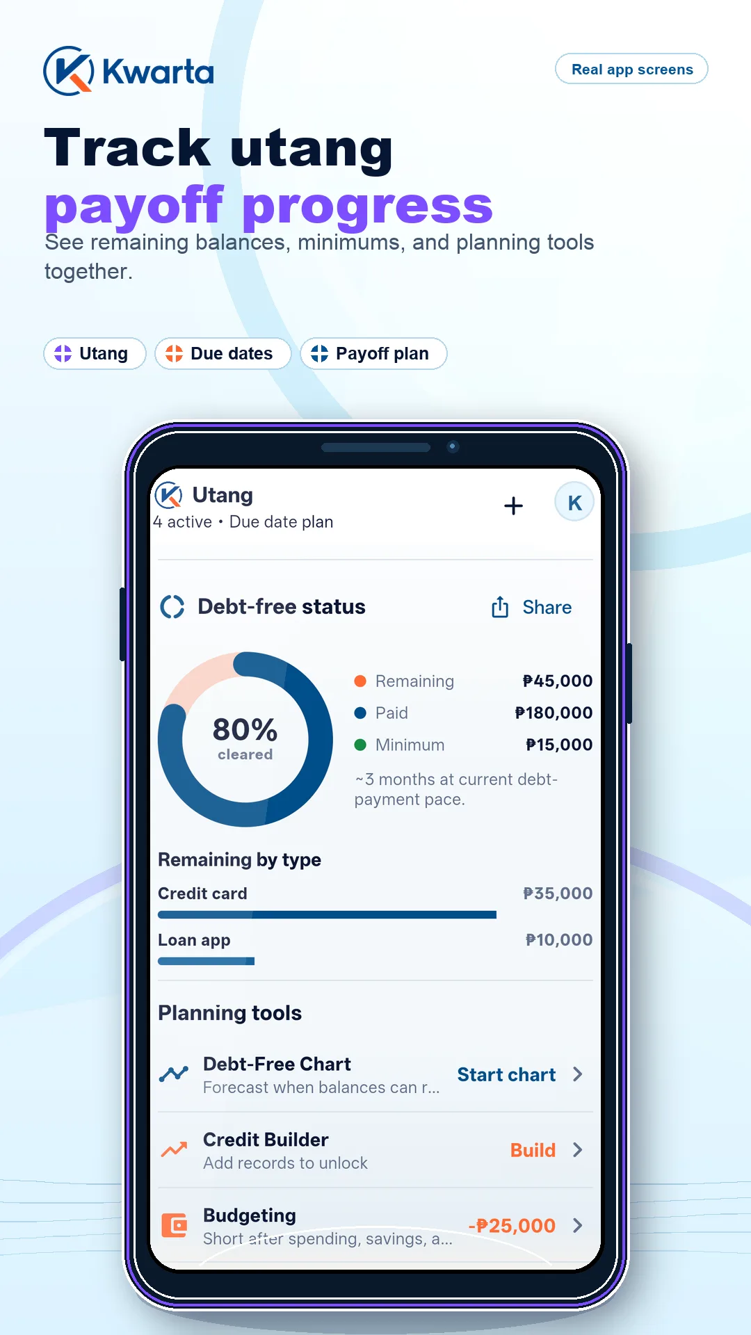 Kwarta utang tracker screen showing payoff progress.